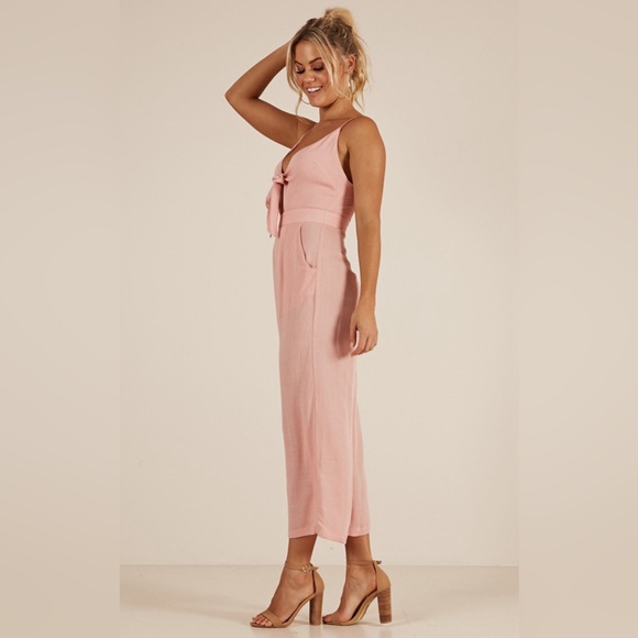 Showpo. Renewed Cut Out Tie Front Linen Look Jumpsuit in Pink Linen Look - Picture 4 of 12